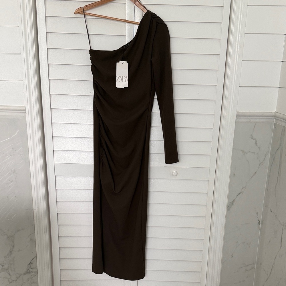 Zara Women's Elegant Brown One-Shoulder Dress